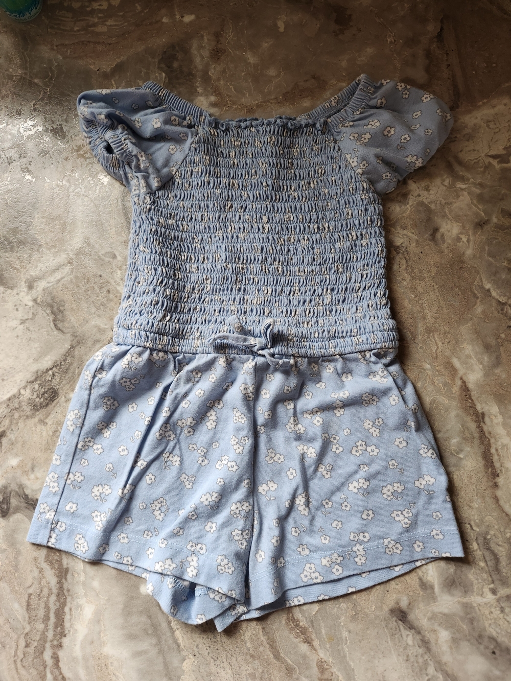 Girls' Light Blue Floral Smocked Shorts Romper, Size 3T